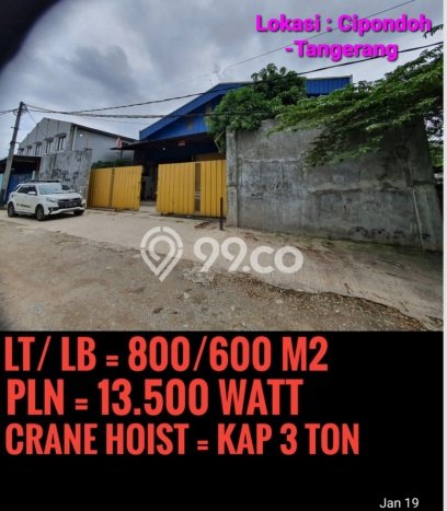 FOR SALE! Gudang di Cipondoh Tangerang, LT 800m2, LB 600m2 FOR SALE! Gudang di Cipondoh Tangerang, LT 800m2, LB 600m2
