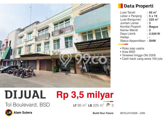 Untuk Dijual! Ruko di BSD Tangerang LT 95m2 / LB 225m2 Kawasan Strategis Untuk Dijual! Ruko di BSD Tangerang LT 95m2 / LB 225m2 Kawasan Strategis