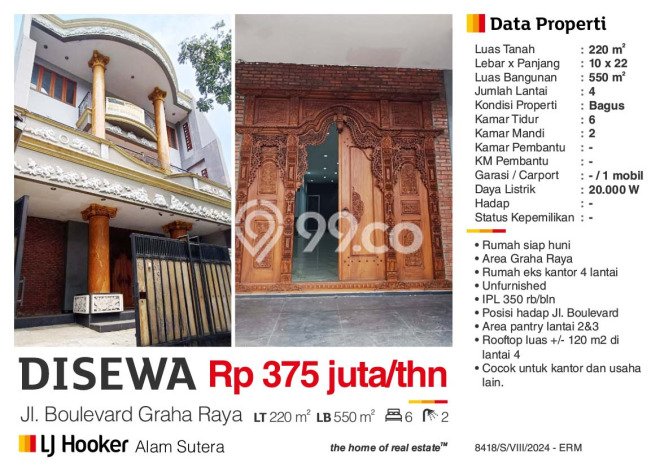 Rumah sewa siap pakai 6 KT di Graha Raya, Tangerang Rumah sewa siap pakai 6 KT di Graha Raya, Tangerang