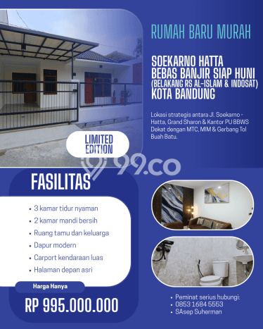 Rumah Minimalis 3 KT di Soekarno Hatta Bandung Unfurnished Rumah Minimalis 3 KT di Soekarno Hatta Bandung Unfurnished