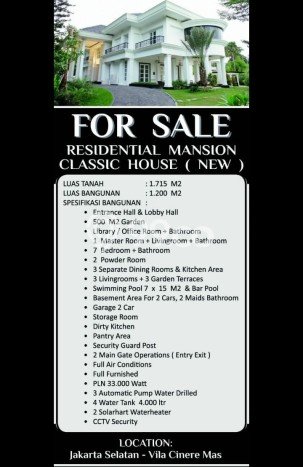 For Sale! Luxury House LT 1715m2 Desain Modern di Cinere For Sale! Luxury House LT 1715m2 Desain Modern di Cinere