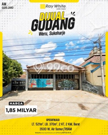 FOR SALE! Gudang di Weru Sukoharjo, LT 521m2, LB 370m2 FOR SALE! Gudang di Weru Sukoharjo, LT 521m2, LB 370m2