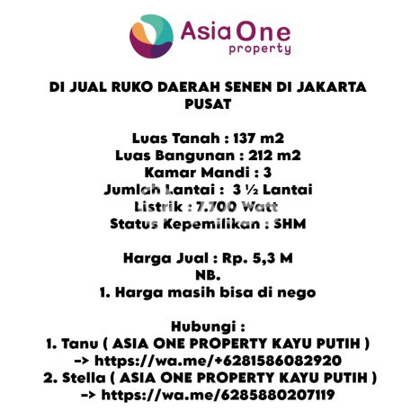 Unit Ruko Dijual di Senen Jakarta Pusat 212m2 Unit Ruko Dijual di Senen Jakarta Pusat 212m2