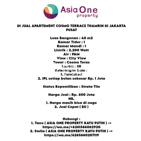 Dijual Apartemen 1 KT 1 KM di Tanah Abang Dijual Apartemen 1 KT 1 KM di Tanah Abang