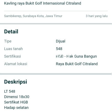 Untuk Dijual Tanah 548m2 di Citraland, Surabaya Untuk Dijual Tanah 548m2 di Citraland, Surabaya