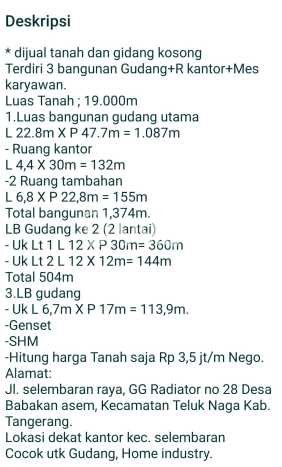 Gudang Dijual di Prime Area Tangerang Luas 3987m2 Gudang Dijual di Prime Area Tangerang Luas 3987m2