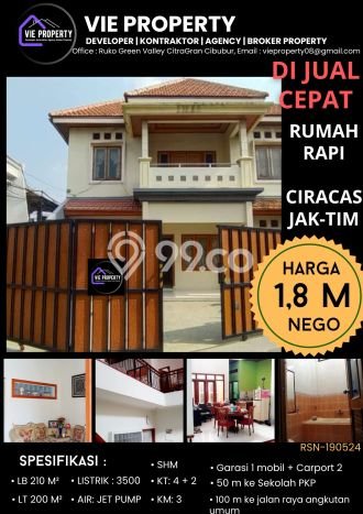 LIMITED OFFER! Rumah Premium area Ciracas, Luas 190m² Bangunan 200m² LIMITED OFFER! Rumah Premium area Ciracas, Luas 190m² Bangunan 200m²