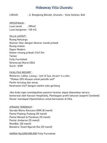 HARGA MENARIK! Vila di Uluwatu, Dimensi 189m2m², Kawasan Asri dan aman HARGA MENARIK! Vila di Uluwatu, Dimensi 189m2m², Kawasan Asri dan aman