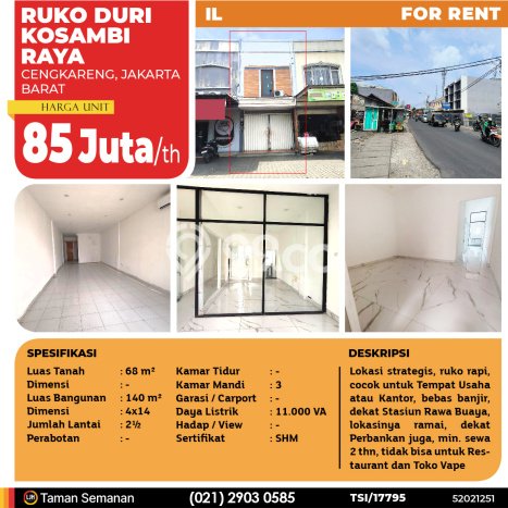 Untuk Disewa Ruko di Cengkareng Jakarta Barat LT 68m2, LB 140m2 Untuk Disewa Ruko di Cengkareng Jakarta Barat LT 68m2, LB 140m2