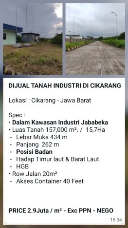 Tanah Kavling Dijual di Bekasi dengan Spesifikasi 157000m2 Tanah Kavling Dijual di Bekasi dengan Spesifikasi 157000m2
