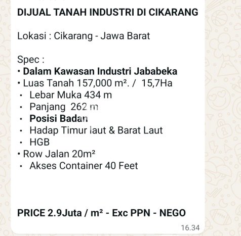 Tanah Kavling Dijual di Bekasi dengan Spesifikasi 157000m2 Tanah Kavling Dijual di Bekasi dengan Spesifikasi 157000m2