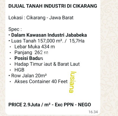 Tanah Kavling Dijual di Bekasi dengan Spesifikasi 157000m2 Tanah Kavling Dijual di Bekasi dengan Spesifikasi 157000m2