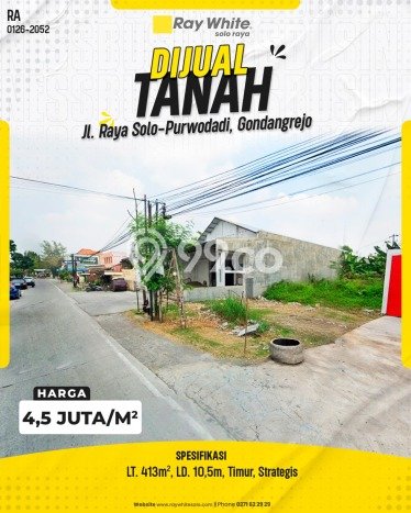 Tanah Dijual Lokasi Gondangrejo, Karanganyar dengan Luas Tanah 413m2 dan Status - Tanah Dijual Lokasi Gondangrejo, Karanganyar dengan Luas Tanah 413m2 dan Status -