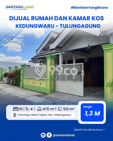 Kost Dijual Lokasi Kedungwaru, Tulungagung, Spesifikasi 10 Kamar Tidur dan Luas 470m2 Kost Dijual Lokasi Kedungwaru, Tulungagung, Spesifikasi 10 Kamar Tidur dan Luas 470m2