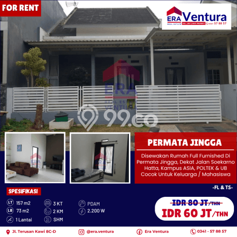 Rumah sewa siap huni 3 KT di Permata Jingga, Malang Rumah sewa siap huni 3 KT di Permata Jingga, Malang
