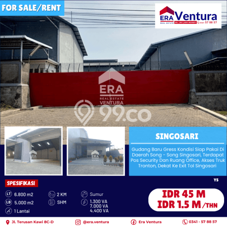 Untuk Disewa Gudang di Singosari Malang LT 6800m2, LB 5000m2 Untuk Disewa Gudang di Singosari Malang LT 6800m2, LB 5000m2