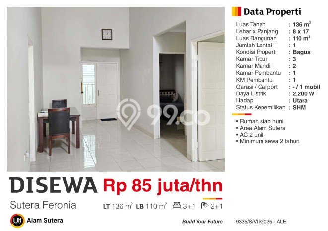 Rumah sewa siap huni 3 KT di Alam Sutera, Tangerang Rumah sewa siap huni 3 KT di Alam Sutera, Tangerang
