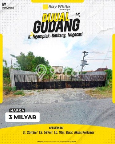 Area Ramai! Gudang Dijual di Nogosari untuk Bisnis Luas Bangunan 587m2 Area Ramai! Gudang Dijual di Nogosari untuk Bisnis Luas Bangunan 587m2