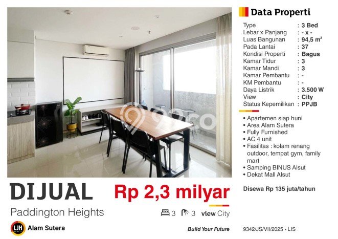 Dijual Apartemen 3 KT & 3 KM di Tangerang Area Strategis Dijual Apartemen 3 KT & 3 KM di Tangerang Area Strategis