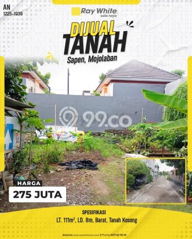 Tanah Dijual Lokasi Mojolaban, Sukoharjo Luas 111m2 Legalitas Aman Tanah Dijual Lokasi Mojolaban, Sukoharjo Luas 111m2 Legalitas Aman