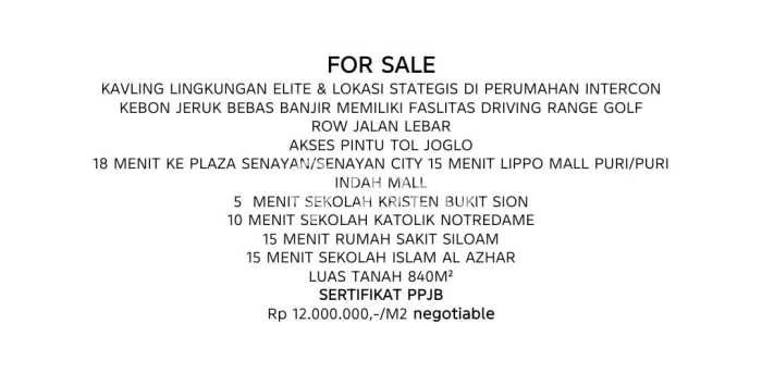 Tanah Kavling untuk Dijual di Kebon Jeruk Jakarta Barat 840m2 Tanah Kavling untuk Dijual di Kebon Jeruk Jakarta Barat 840m2