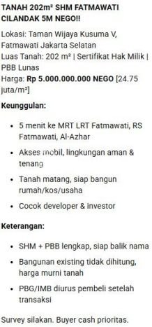 Tanah Kavling di Cilandak Dijual dengan Luas 202m2 Tanah Kavling di Cilandak Dijual dengan Luas 202m2