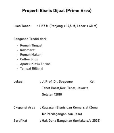 Untuk Dijual Komersial di Tebet, Jakarta Selatan Harga Penawaran Spesial Untuk Dijual Komersial di Tebet, Jakarta Selatan Harga Penawaran Spesial