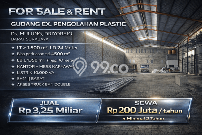 Gudang untuk disewa di Driyorejo punya LT 1500m2 & LB 1350m2 harga sewa kompetitif Gudang untuk disewa di Driyorejo punya LT 1500m2 & LB 1350m2 harga sewa kompetitif