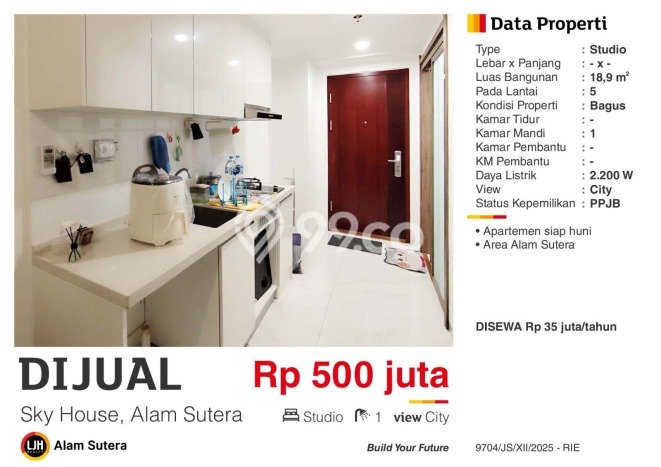 Apartemen Minimalis untuk Dijual di Alam Sutera Dengan Spesifikasi 1 KT & 1 KM Apartemen Minimalis untuk Dijual di Alam Sutera Dengan Spesifikasi 1 KT & 1 KM