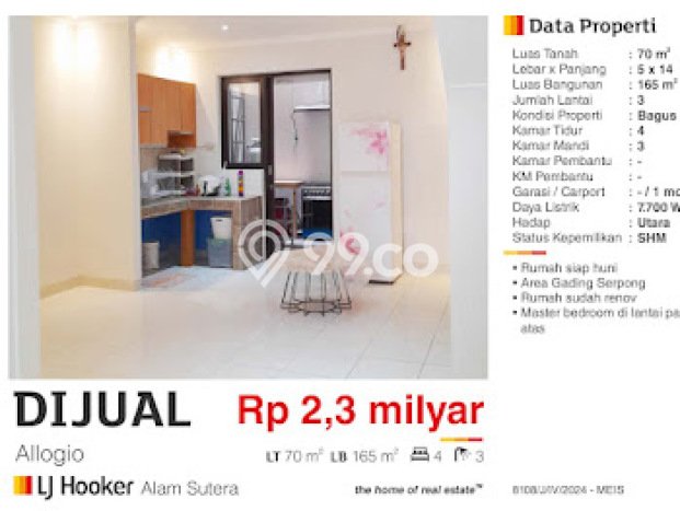 Rumah Siap Disurvey lokasi Gading Serpong, Tangerang, LT 70m² Bangunan 165m² Rumah Siap Disurvey lokasi Gading Serpong, Tangerang, LT 70m² Bangunan 165m²