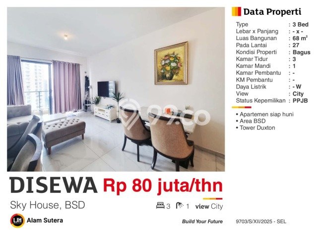 Apartemen Nyaman untuk Disewa, 3 Kamar di Tangerang Apartemen Nyaman untuk Disewa, 3 Kamar di Tangerang