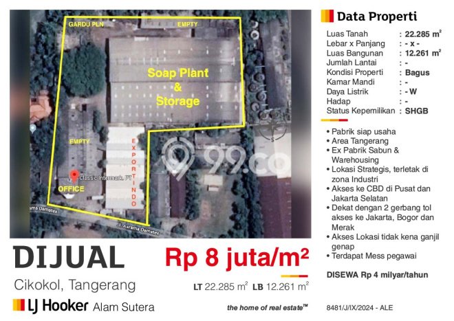 Dijual! Gudang di Cikokol Tangerang LT 22285m2 / LB 12261m2 Kawasan Strategis Dijual! Gudang di Cikokol Tangerang LT 22285m2 / LB 12261m2 Kawasan Strategis