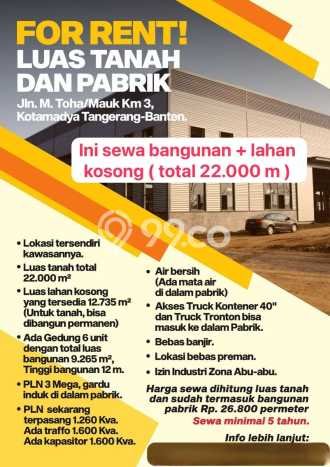 Sewa Tanah Kawasan Mauk, Luas 22000m2m², Area Berkembang Sewa Tanah Kawasan Mauk, Luas 22000m2m², Area Berkembang
