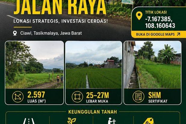 Tanah SHM 2.597m² Pinggir Jalan Raya Ciawi Tasikmalaya – Lokasi Strategis Serba Bisa Tanah SHM 2.597m² Pinggir Jalan Raya Ciawi Tasikmalaya – Lokasi Strategis Serba Bisa
