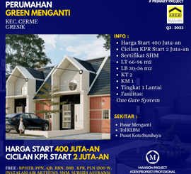 Perumahan Cerme Gresik Green Menganti Start 400JT-an Bisa Cicilan KPR dkt Pusat Kota Surabaya