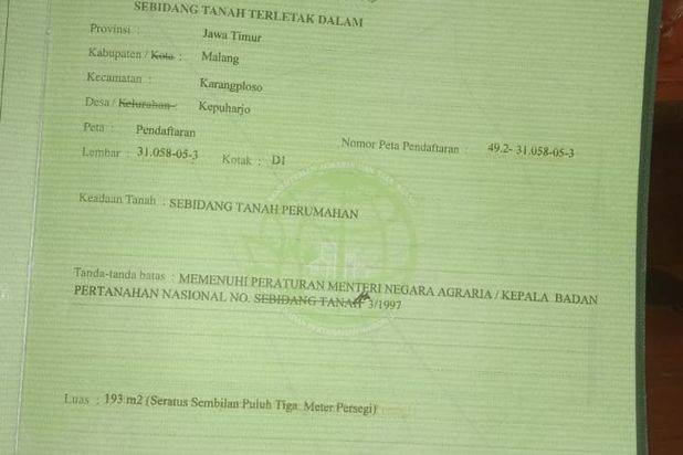 Tanah Kavling Luas dan Murah Lokasi di Karangploso Malang