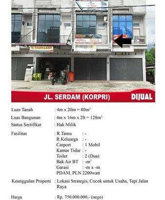 Ruko Jual Jalan Prasetya serdam Korpri Pontianak