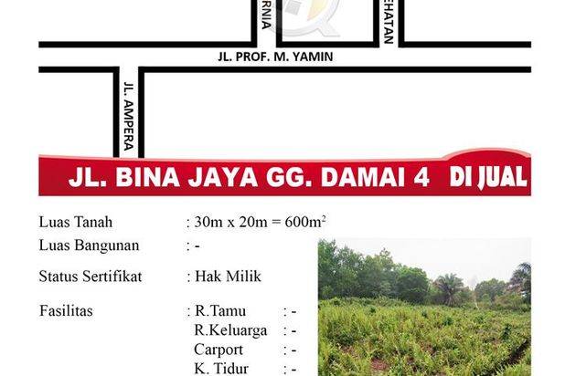 Tanah strategis JlBina Jaya Gang Damai 4 ukuran 30x20 Pontianak