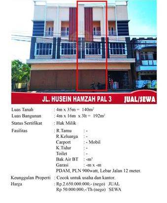 Ruko Jual sewa Jalan Husein Hamzah Pal 3 Pontianak
