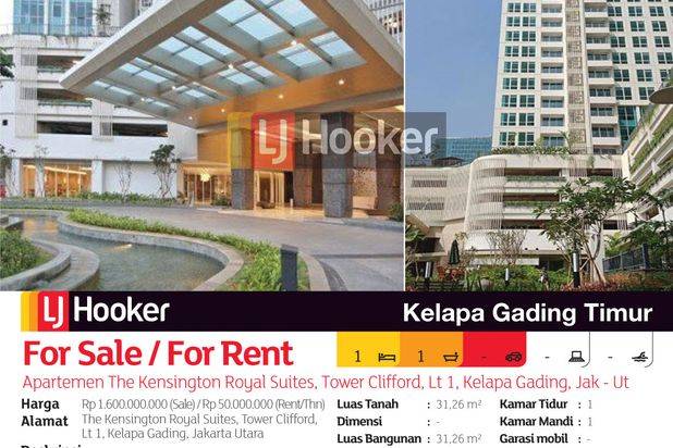 Apartemen The Kensington Royal Suites Tower Clifford Lantai 1 Kelapa Gading, Jakarta Utara