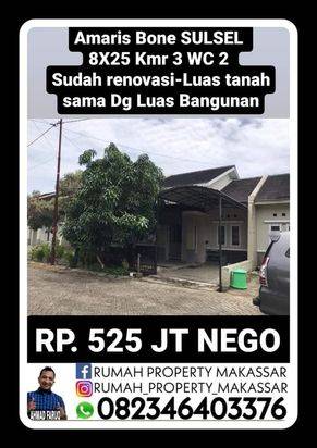 Amaris Bone Sulawesi Selatan 8X25 Kmr 3 WC 2  Sudah renovasi, jadi luas tanah sama dengan Luas Bangunan