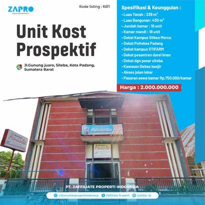 Jual kost-kostan besar 18 kamar dekat kampus dan sekolah di padang