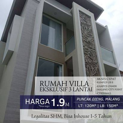 Rumah Ready Stok Mewah 3 Lantai Tipe Home Office sangat cocok untuk Kantor Bisnis Start Up Kawasan kampus Brawijaya Dieng dekat Cybermall dan Kampus UNMER & Ma Chung