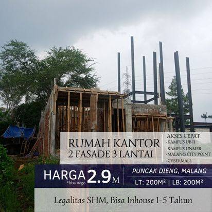 Jual Rumah Kantor 2 Fasade Hadap Utara dan Selatan Mewah Lokasi Strategis Pusat Bisnis Puncak Dieng dekat Kawasan Kampus Brawijaya II Kota Malang