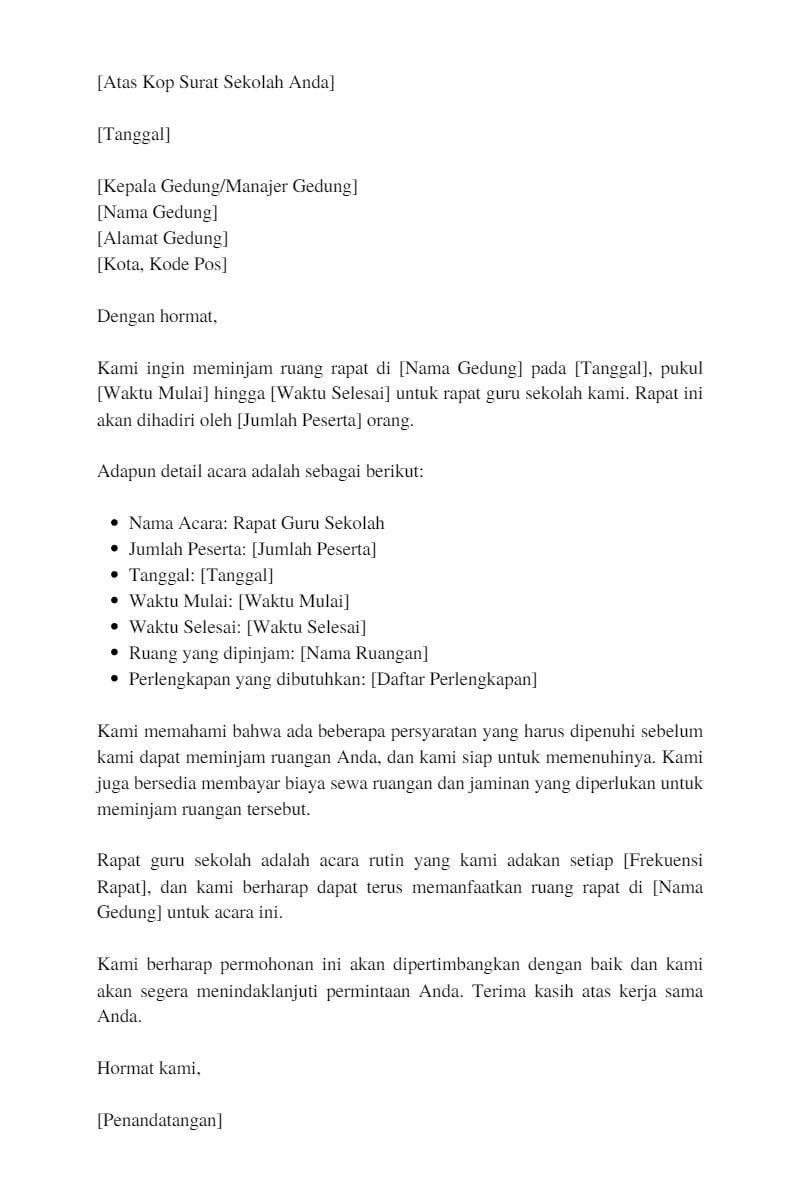contoh surat peminjaman gedung untuk rapat guru sekolah