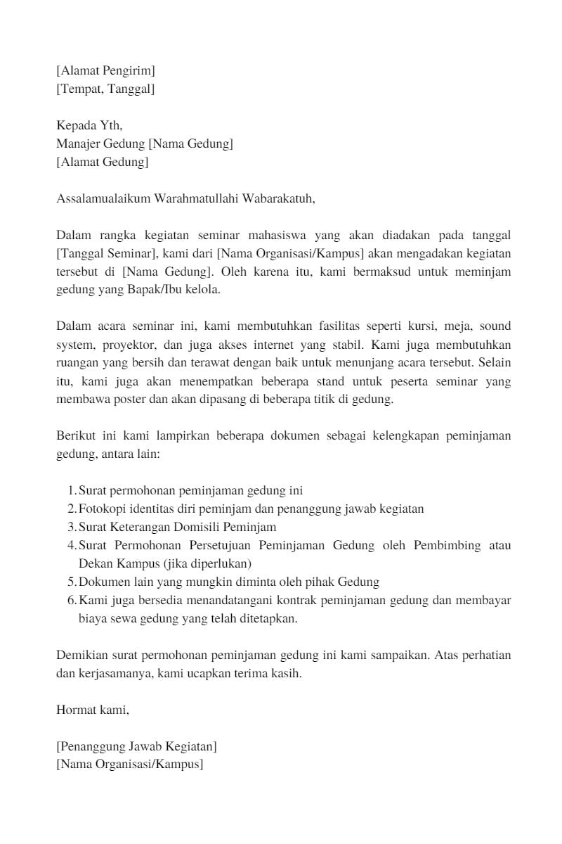 contoh surat peminjaman gedung untuk seminar mahasiswa