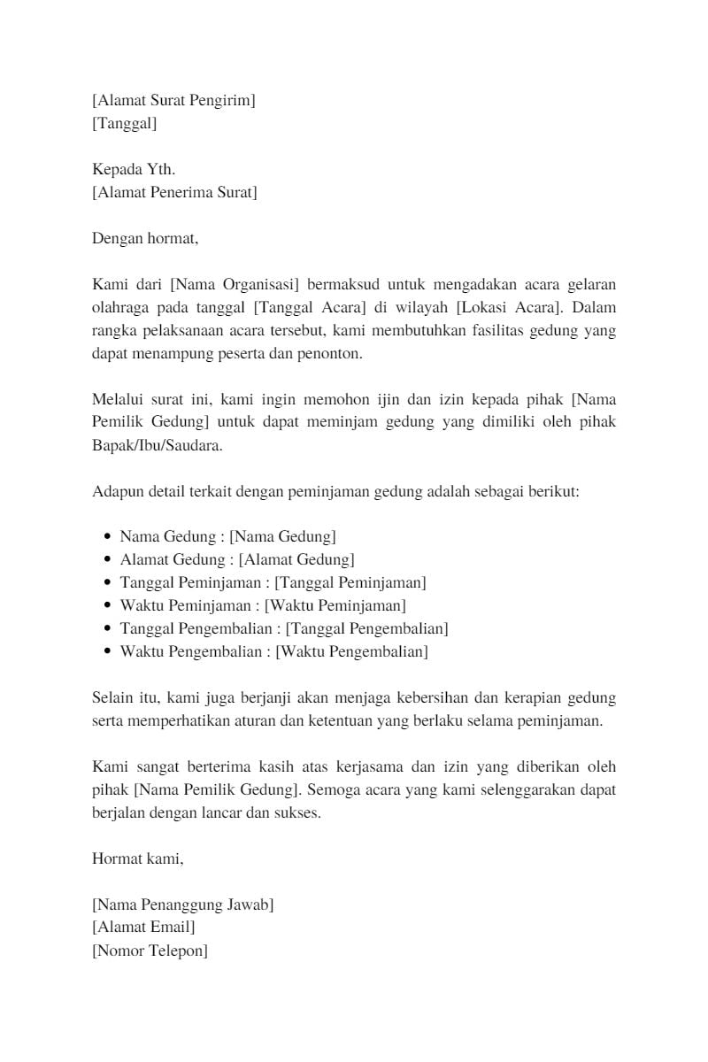 contoh surat peminjaman gedung untuk gelaran olahraga