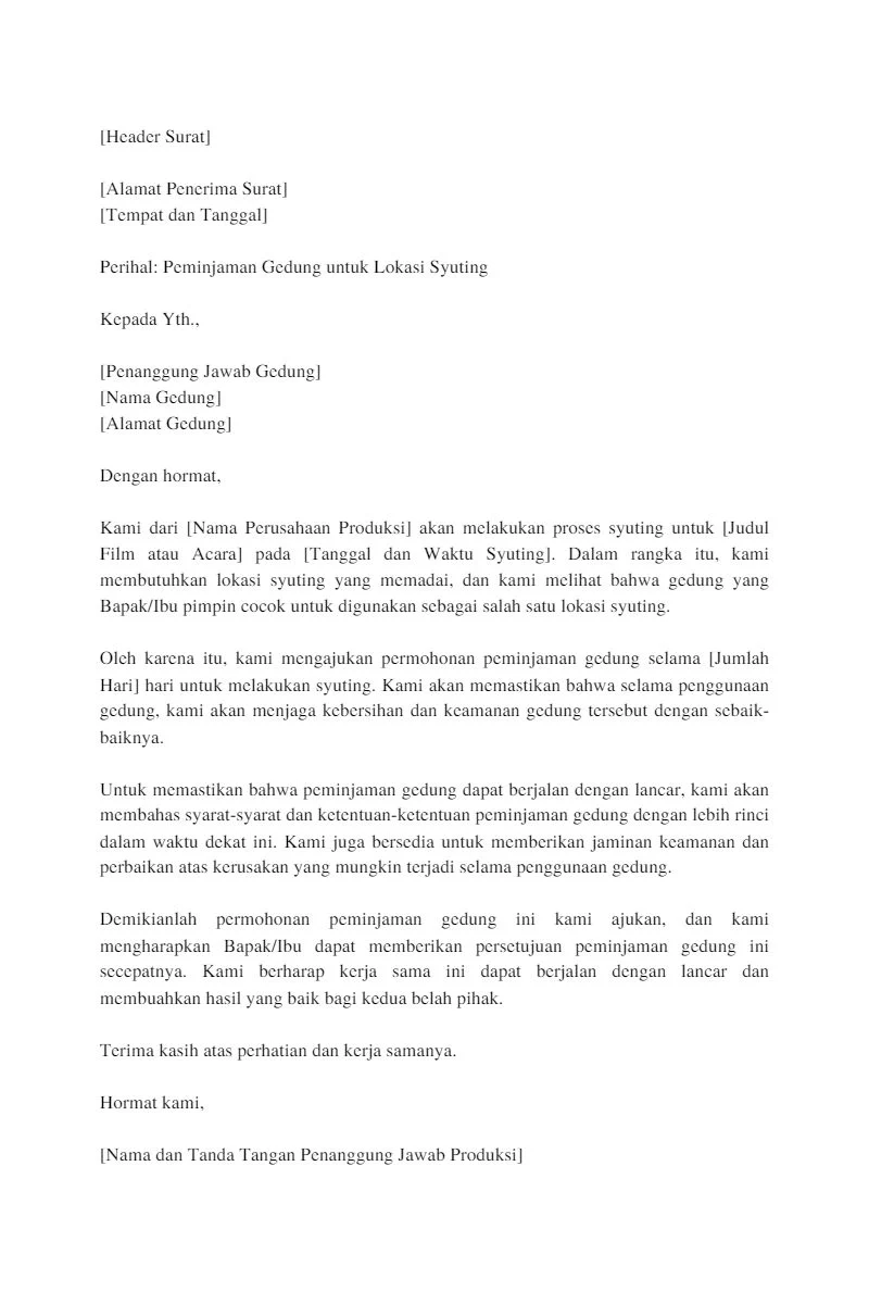contoh surat peminjaman gedung untuk lokasi syuting