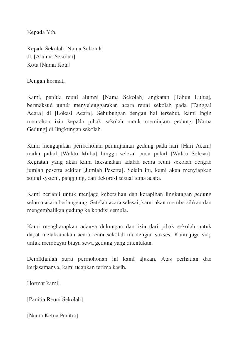 contoh surat peminjaman gedung untuk acara reuni sekolah