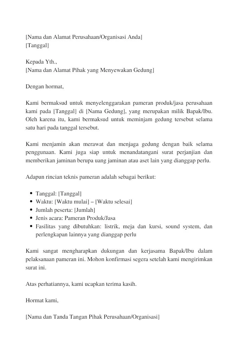 contoh surat peminjaman gedung untuk pameran